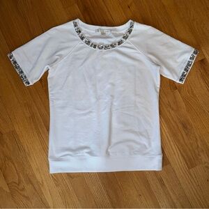 Boston Proper - White Short Sleeve Top with Silver Embellishments